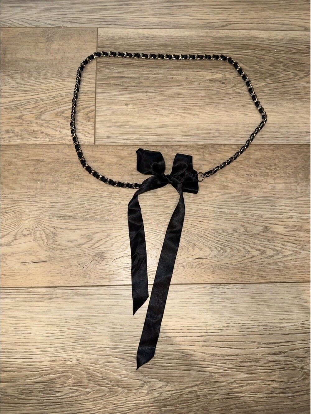 Women’s Black Satin Ribbon and Chain Belt One Size Fits Most